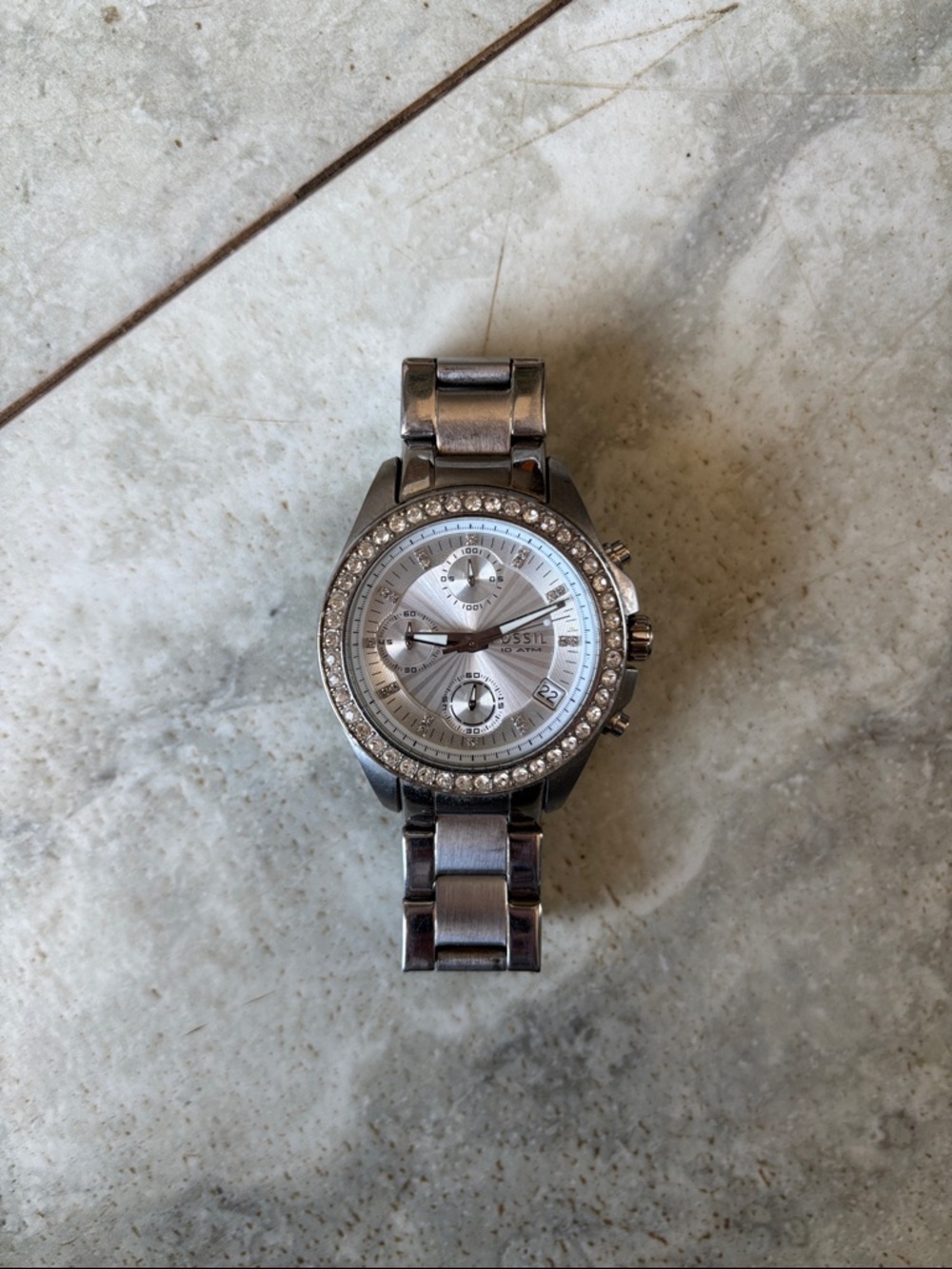 Fossil Silver-tone Crystal Accent Chronograph Watch. Fits 6” wrist